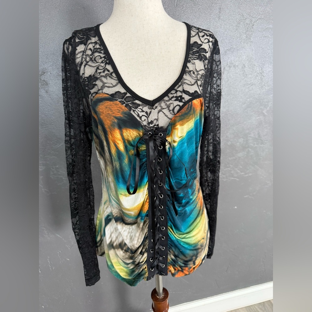 Bali Black Lace-Trim Multicolor Swirl Lace-Up Top